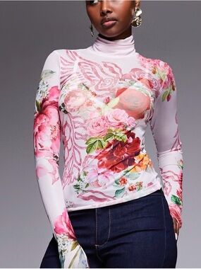 AFRM Pink Floral Mock Neck Long Sleeve Top